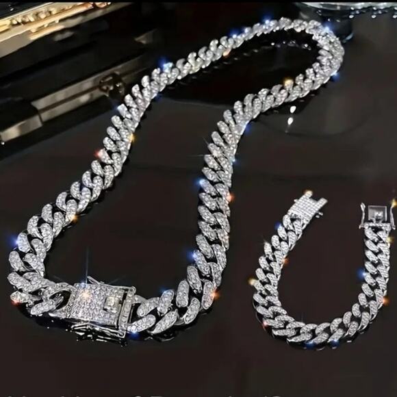 Iced Out Silver Plated Cuban Necklace & Bracelet Set THICK 12mm Valentines Bling